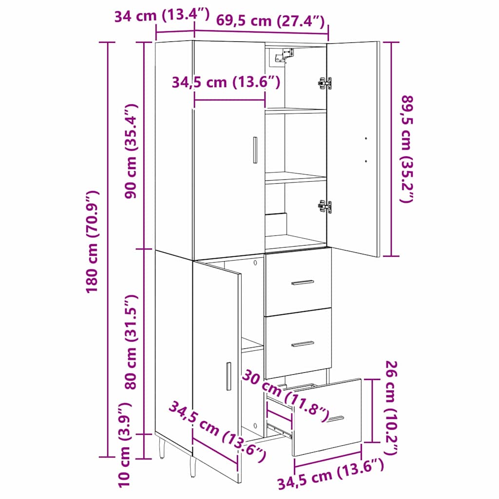 Highboard 2 stk. Altholz 69,5 x 34 x 180 cm Holzwerkstoff