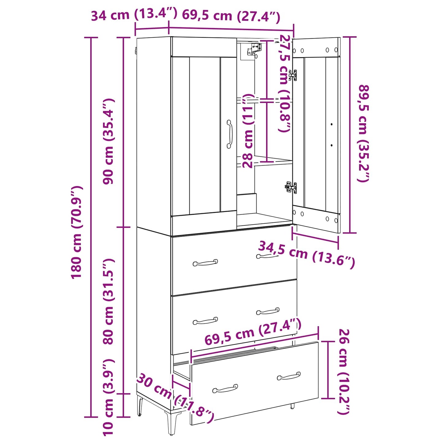 Highboard Wandmontiert Altholz 69,5 x 34 x 180 cm Holzwerkstoff
