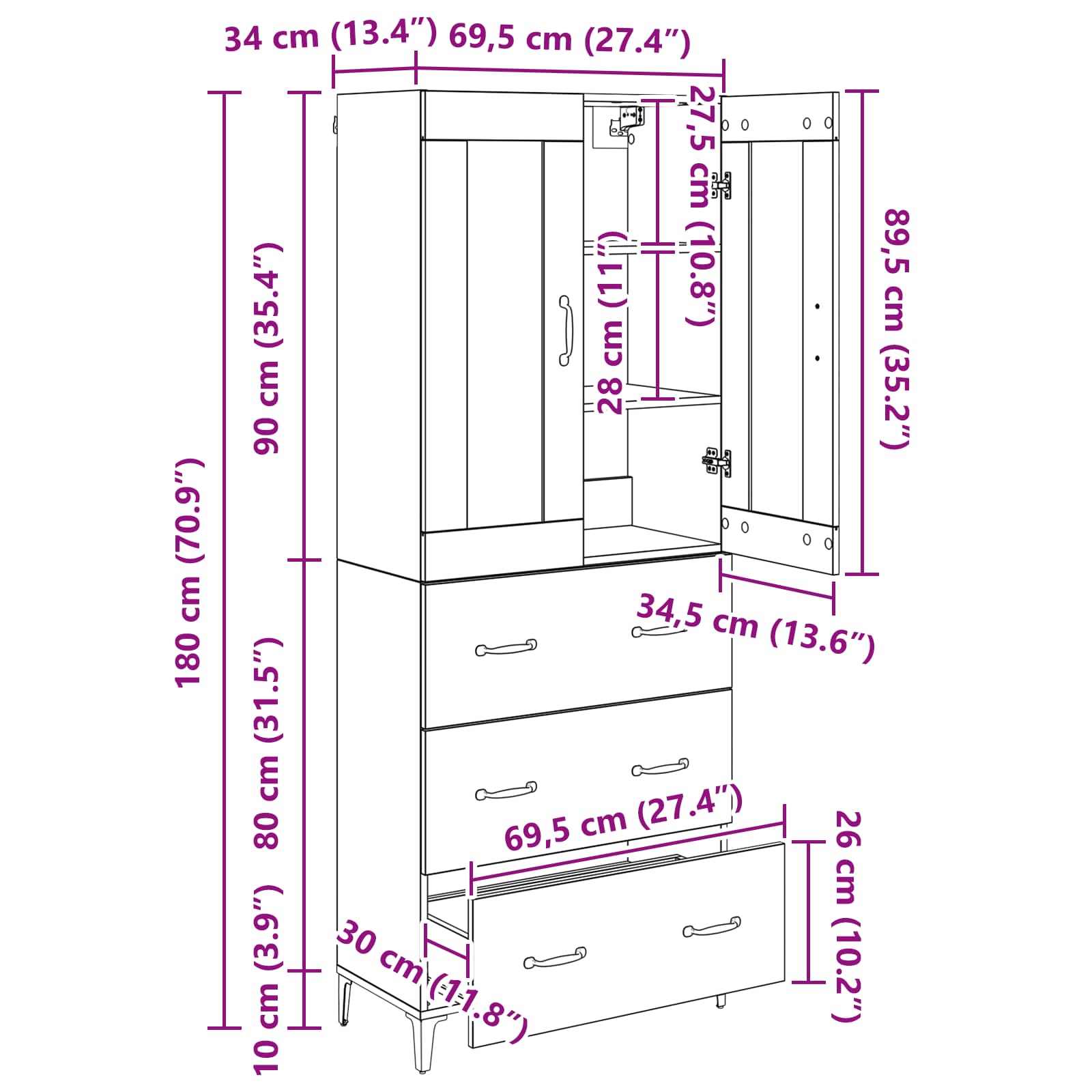 Highboard Wandmontiert Altholz 69,5 x 34 x 180 cm Holzwerkstoff