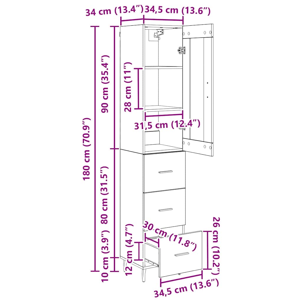 Highboard Altholz 34,5 x 34 x 180 cm Holzwerkstoff