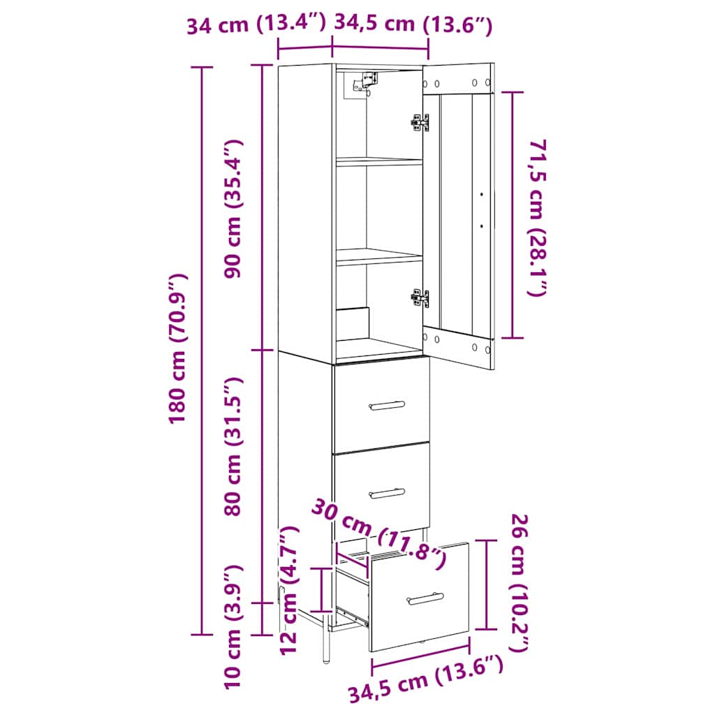 Highboard Altholz 34,5 x 34 x 180 cm Holzwerkstoff