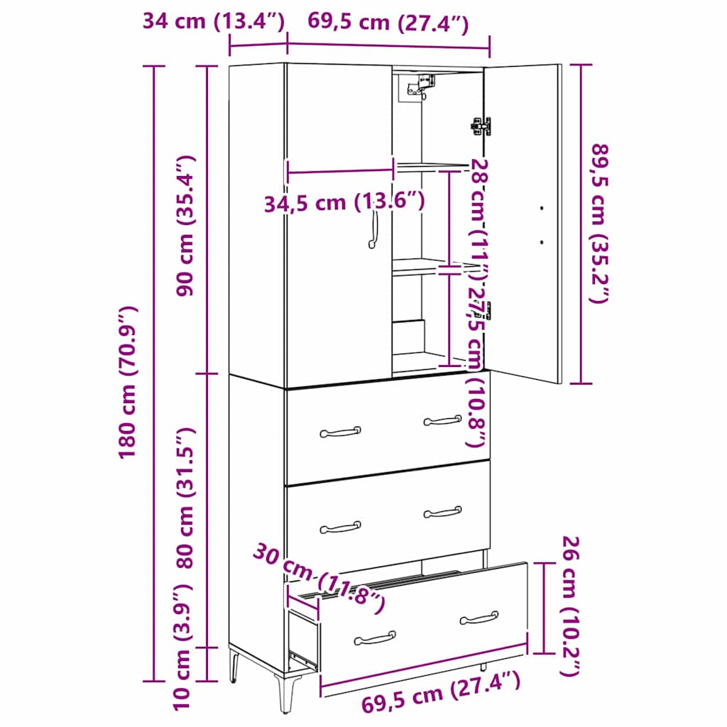 Highboard Altholz 69,5 x 34 x 180 cm Holzwerkstoff