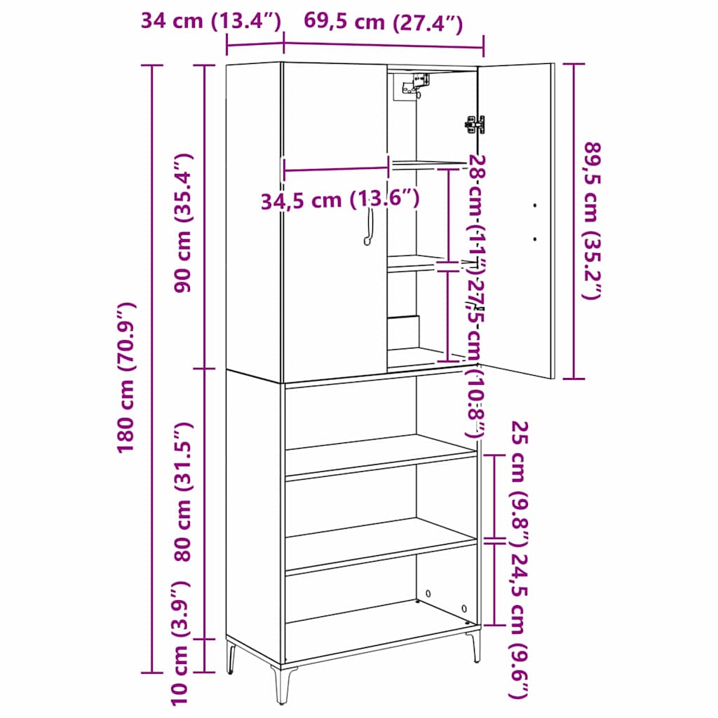Highboard Altholz 69,5 x 34 x 180 cm Holzwerkstoff