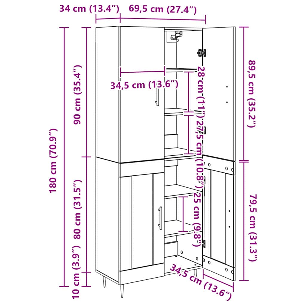 Highboard Altholz 69,5 x 34 x 180 cm Holzwerkstoff