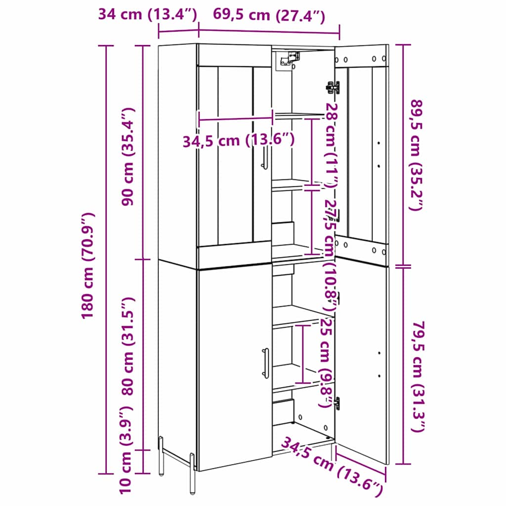 Highboard Wandmontiert Altholz 69,5 x 34 x 180 cm Holzwerkstoff
