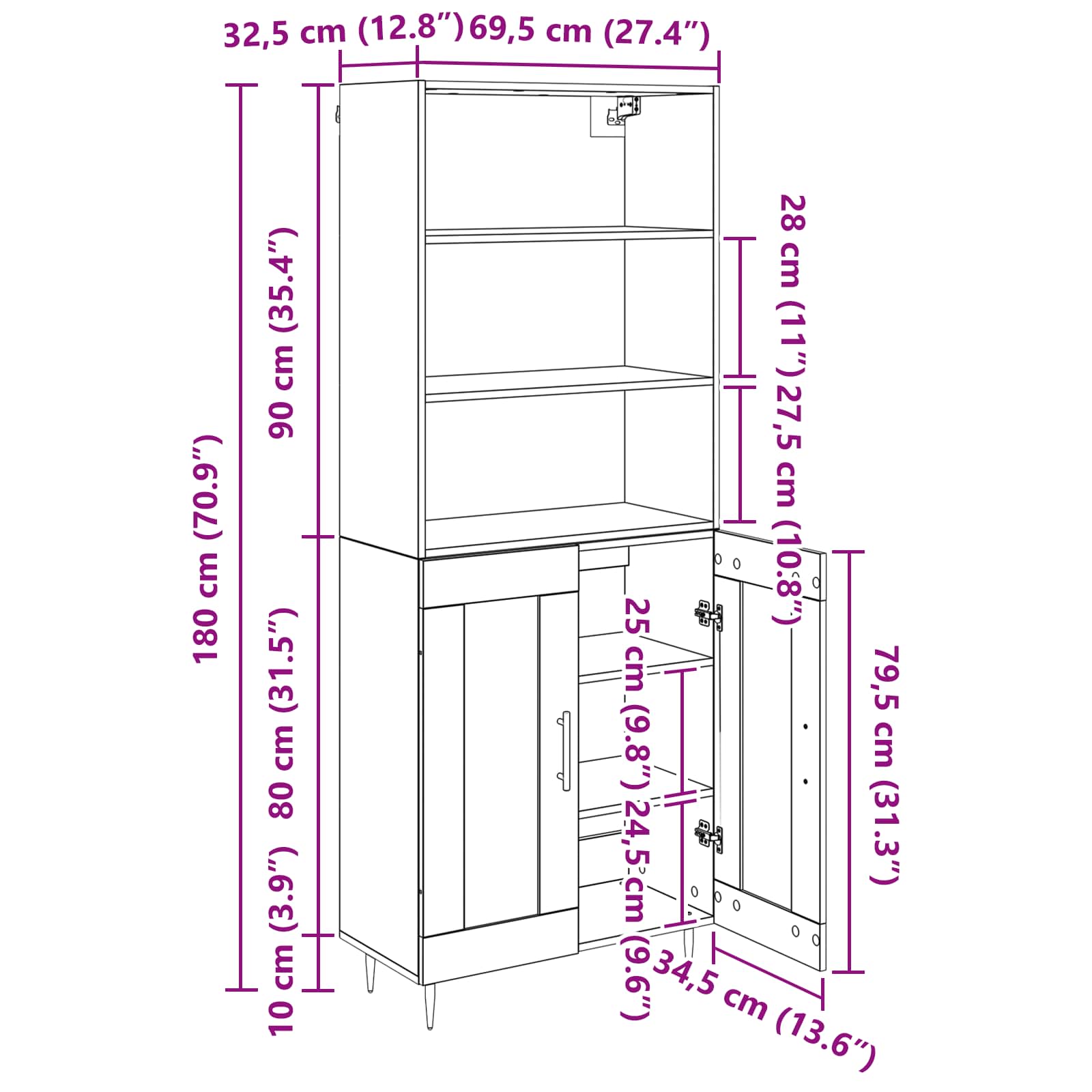 Highboard Altholz 69,5 x 34 x 180 cm Holzwerkstoff