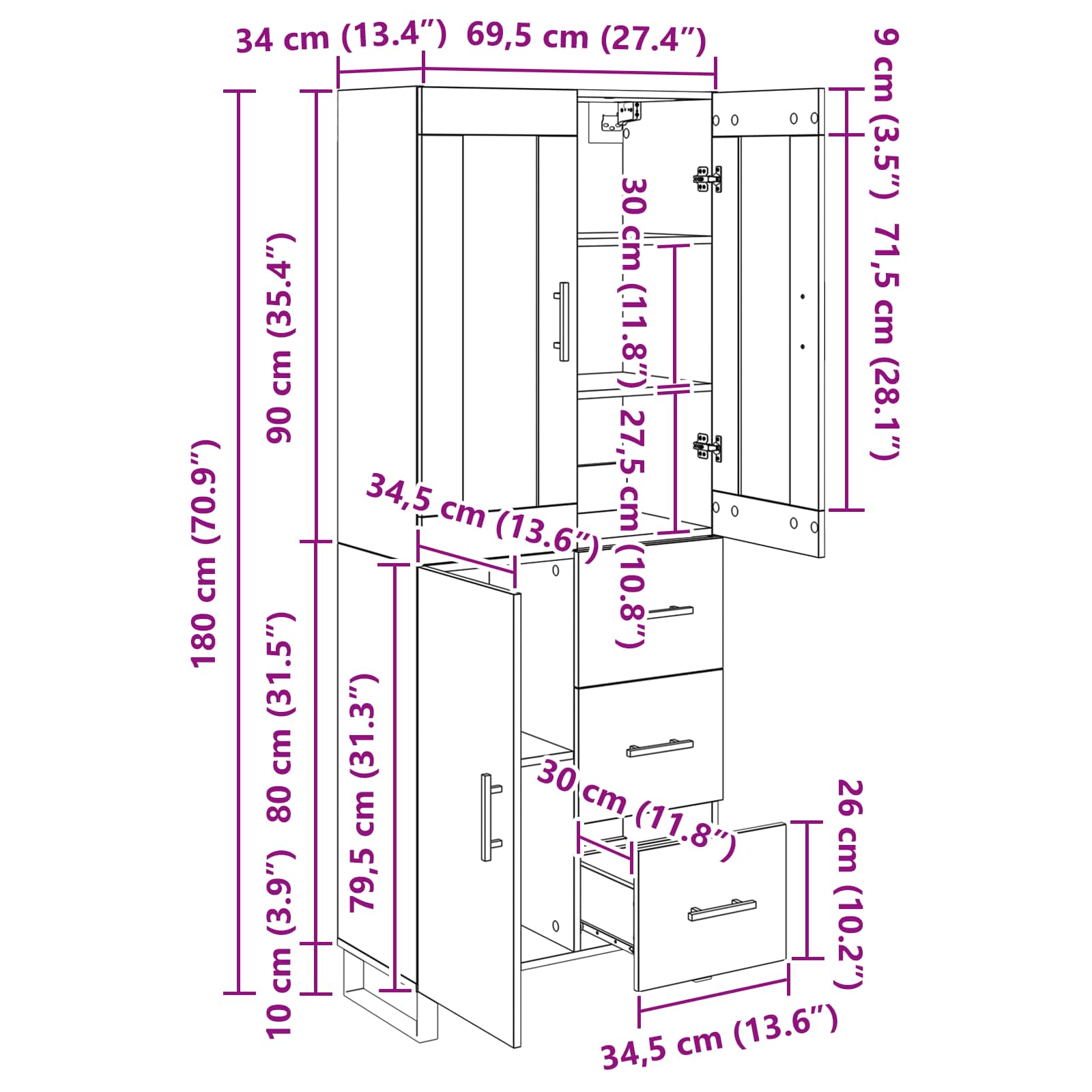 Highboard 2 Stk. Altholz 69,5 x 34 x 180 cm