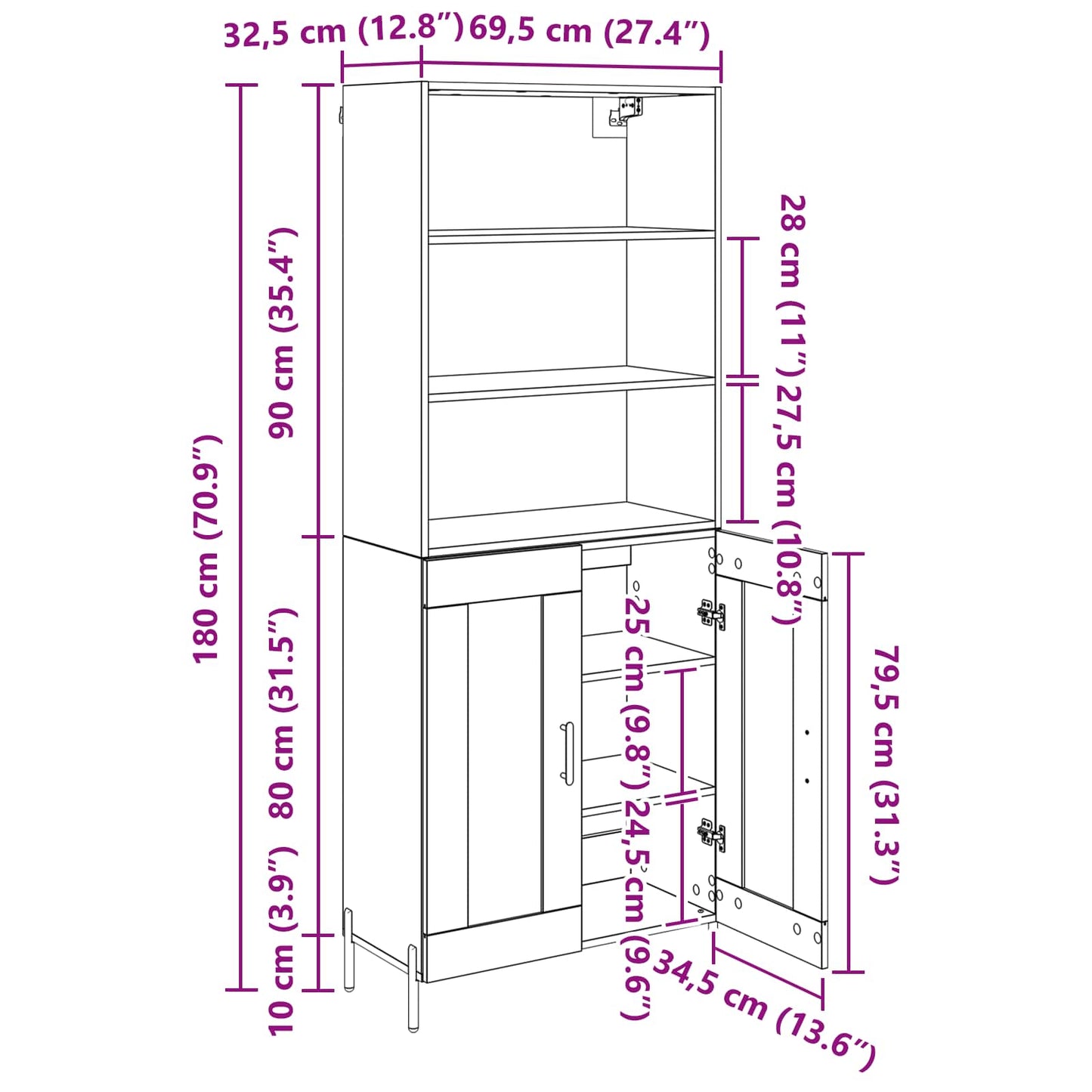 Highboard Altholz 69,5 x 32,5 x 180 cm Holzwerkstoff