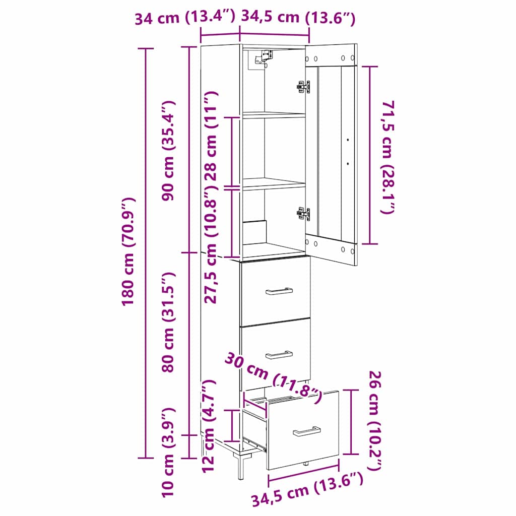 Highboard Artisan-Eiche 34,5 x 34 x 180 cm Holzwerkstoff