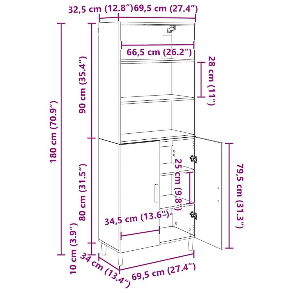 Highboard Artisan-Eiche 69,5 x 32,5 x 180 cm Holzwerkstoff