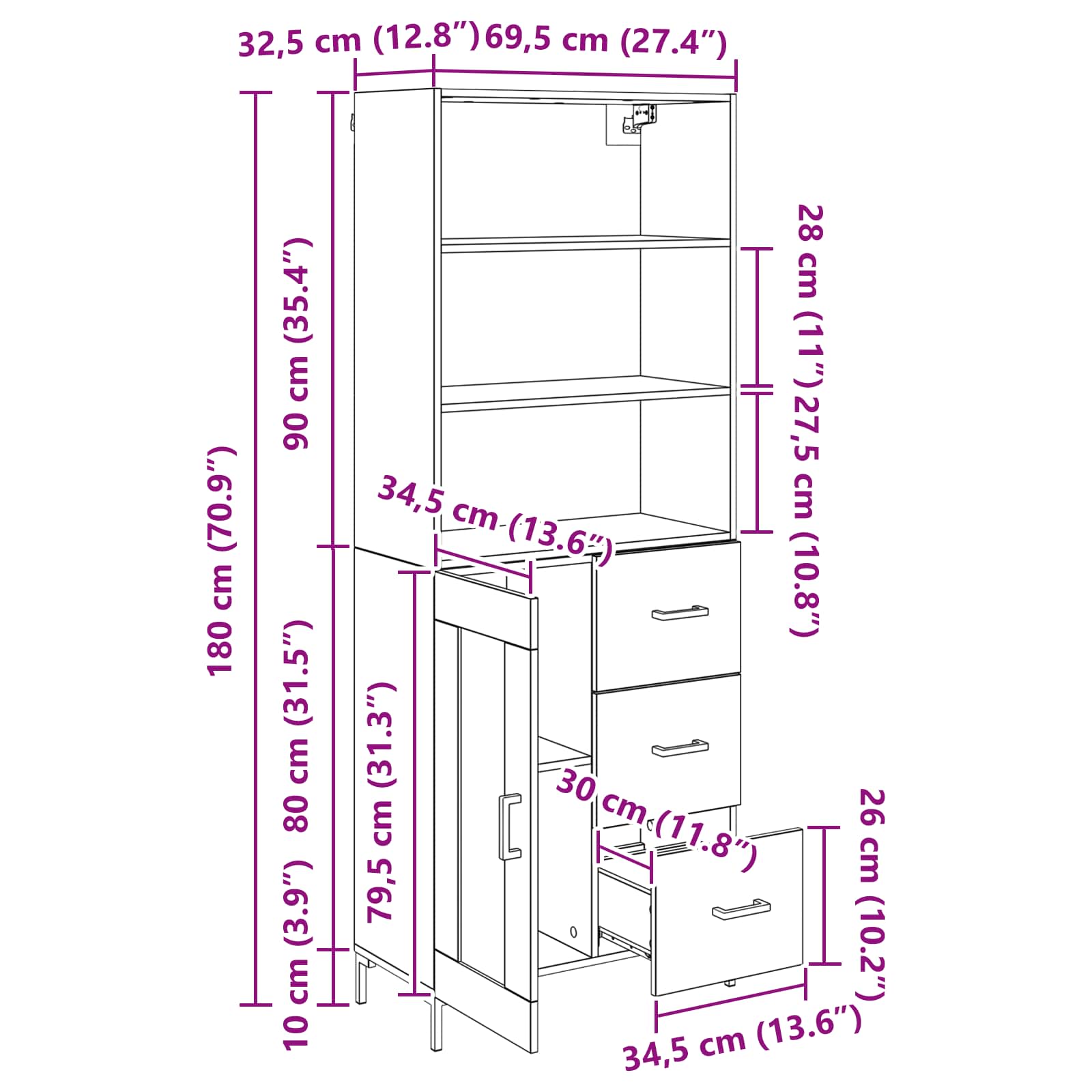 Highboard Artisan-Eiche 69,5 x 34 x 180 cm Holzwerkstoff