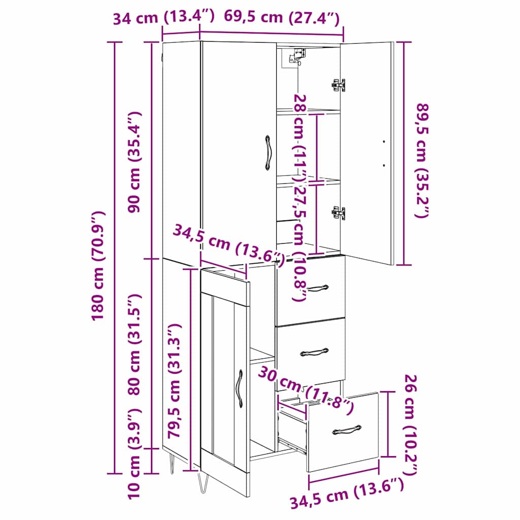 Highboard 2 stk. Artisan-Eiche 69,5 x 34 x 180 cm Holzwerkstoff