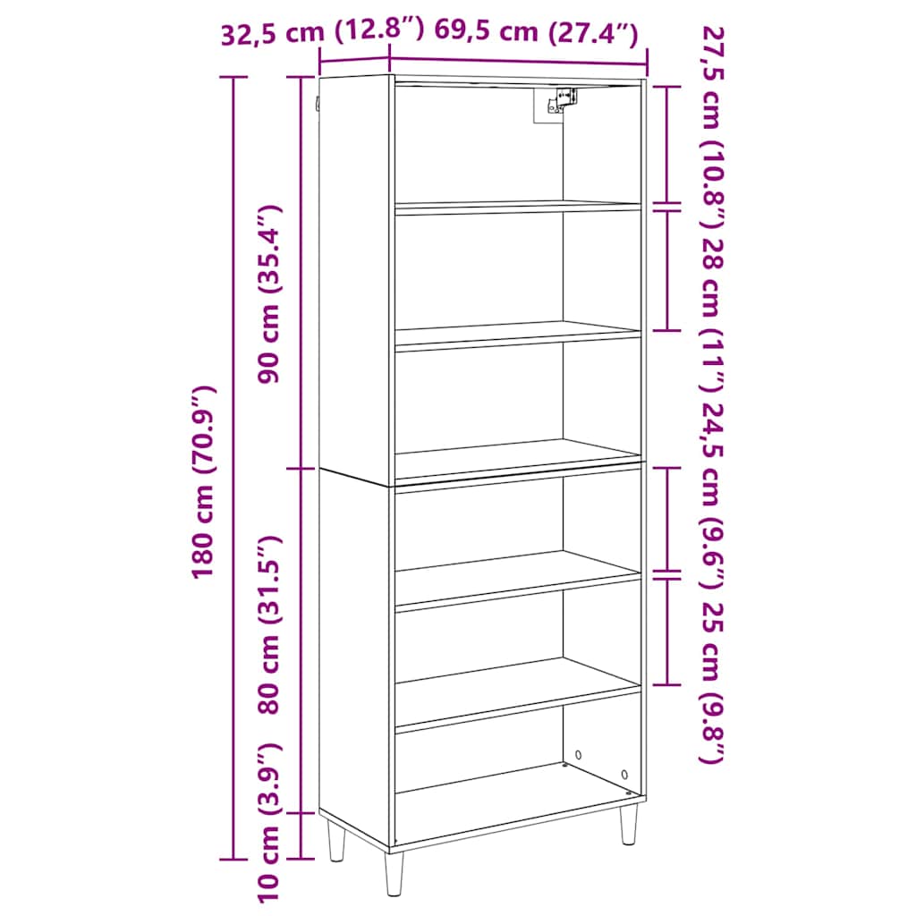 Highboard Artisan-Eiche 69,5 x 32,5 x 180 cm Holzwerkstoff
