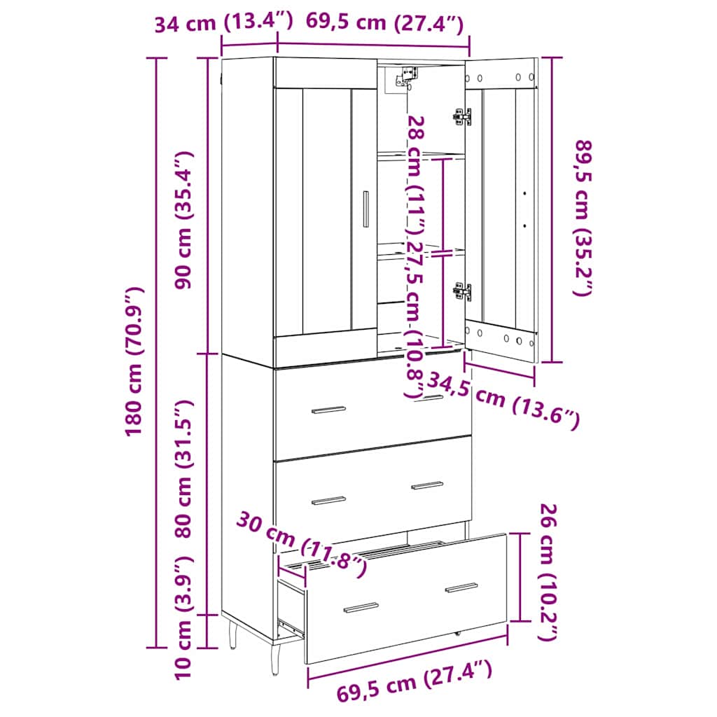 Highboard 2 pcs Artisan-Eiche 69,5 x 34 x 180 cm Holzwerkstoff