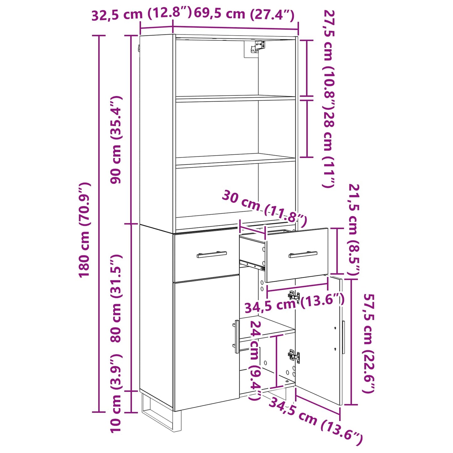 Highboard 2 stk. Artisan-Eiche 69,5 x 34 x 180 cm