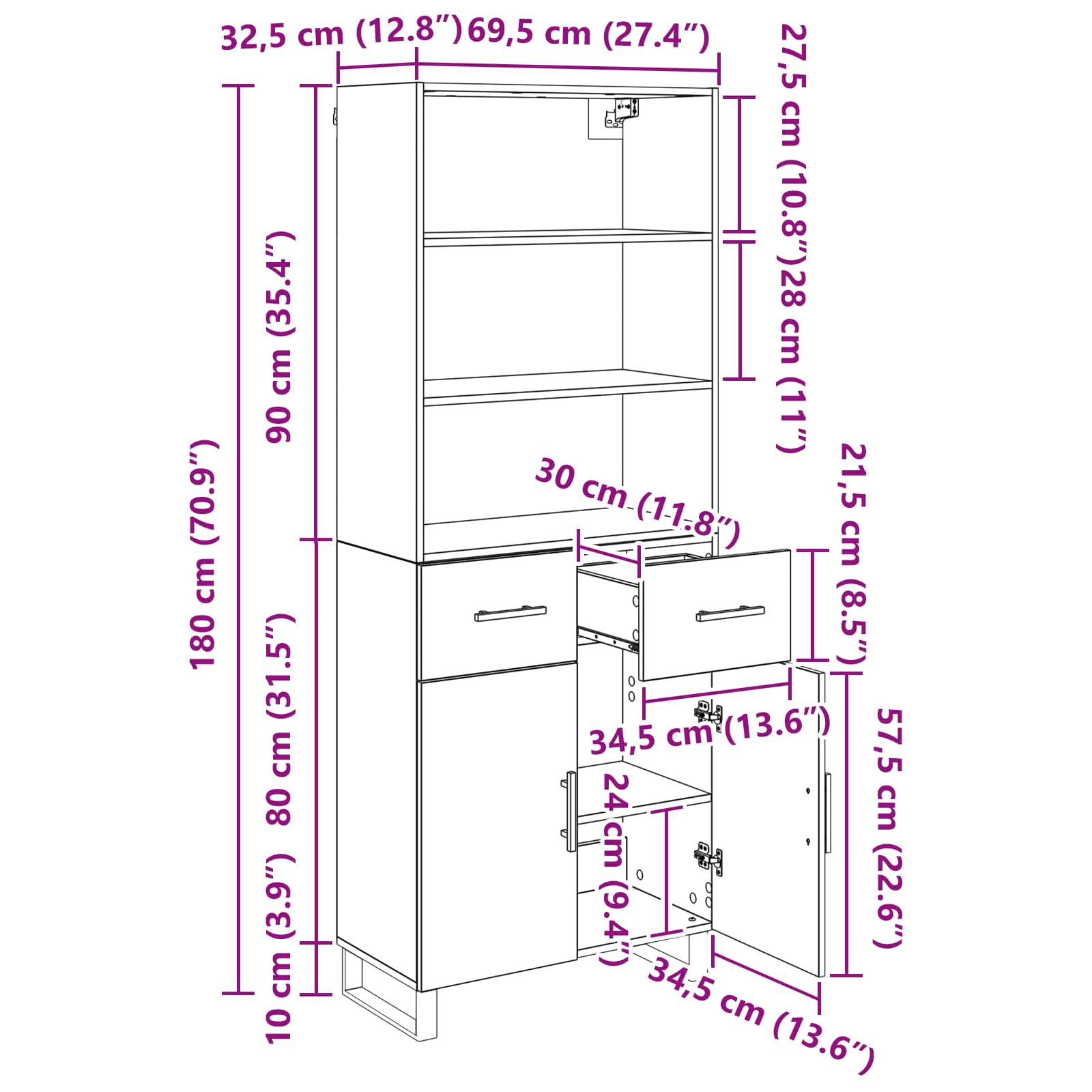 Highboard 2 stk. Artisan-Eiche 69,5 x 34 x 180 cm