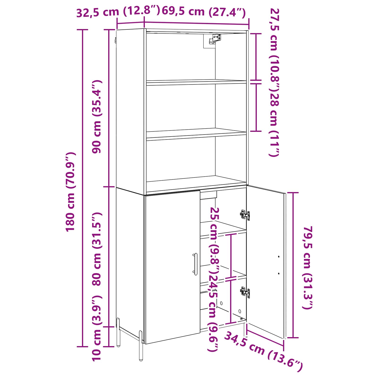 Highboard Artisan-Eiche 69,5 x 32,5 x 180 cm Holzwerkstoff