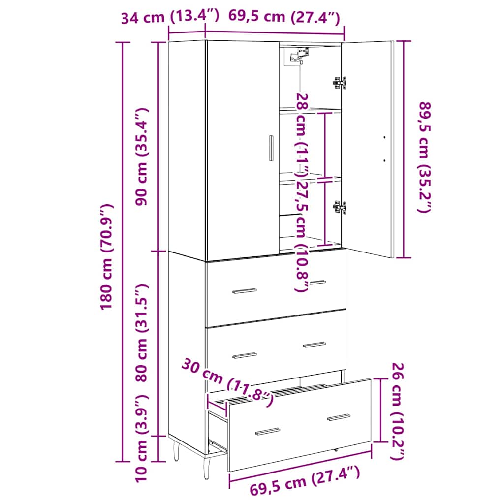Highboard 2 pcs Artisan-Eiche 69,5 x 34 x 180 cm Holzwerkstoff