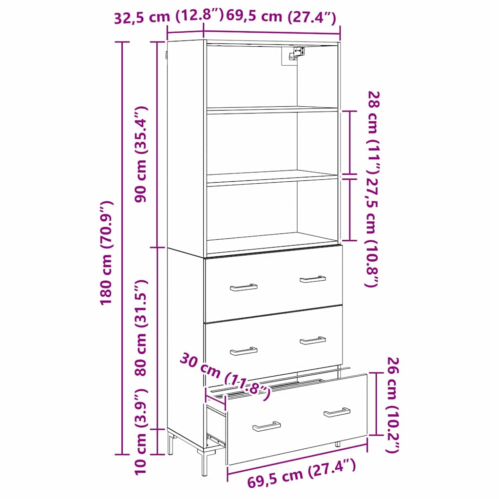Highboard Artisan-Eiche 69,5 x 34 x 180 cm Holzwerkstoff