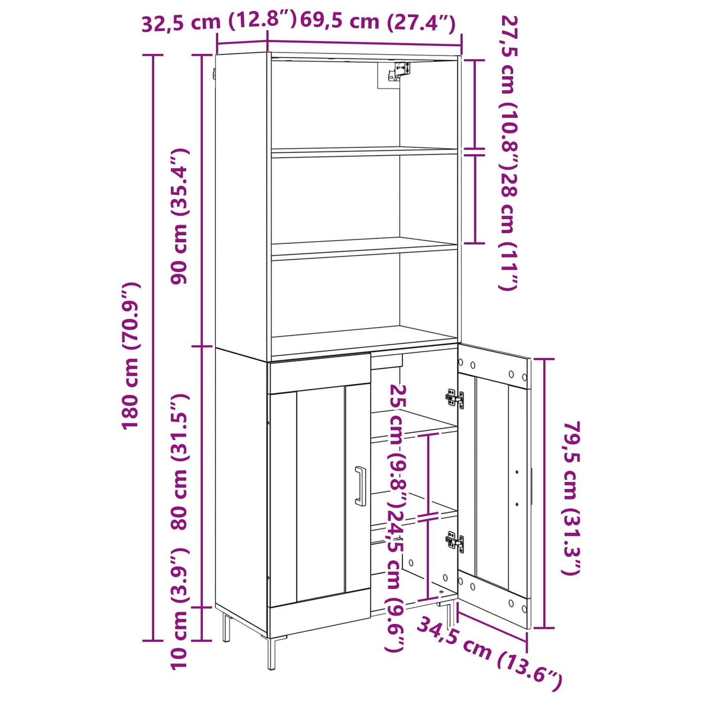 Highboard Artisan-Eiche 69,5 x 34 x 180 cm Holzwerkstoff