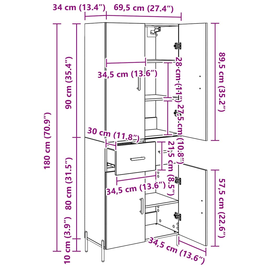 Highboard Artisan-Eiche 69,5 x 34 x 180 cm Holzwerkstoff