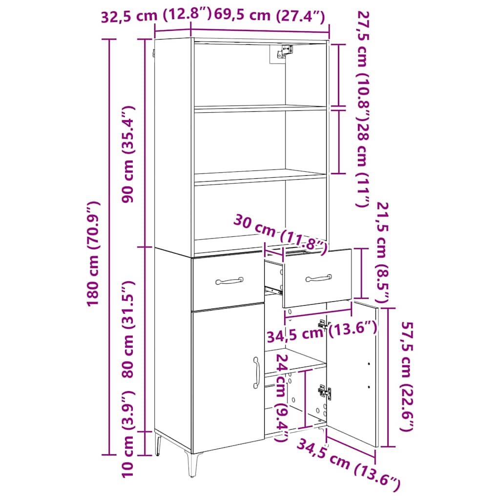 Highboard Artisan-Eiche 69,5 x 34 x 180 cm Holzwerkstoff