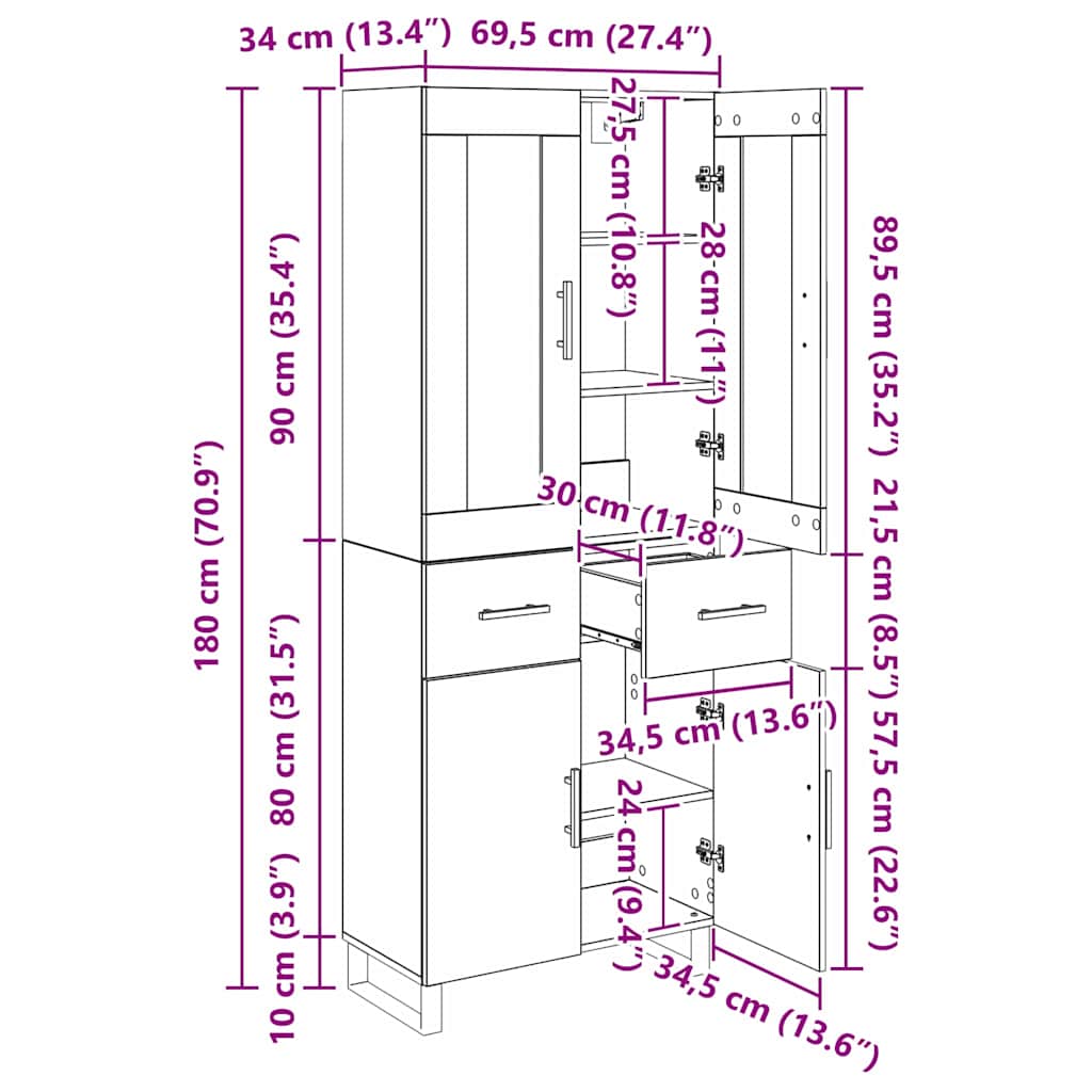 Highboard 2 stk. Artisan-Eiche 69,5 x 34 x 180 cm