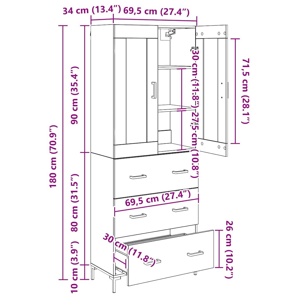 Highboard 2 stk. Artisan-Eiche 69,5 x 34 x 180 cm Holzwerkstoff