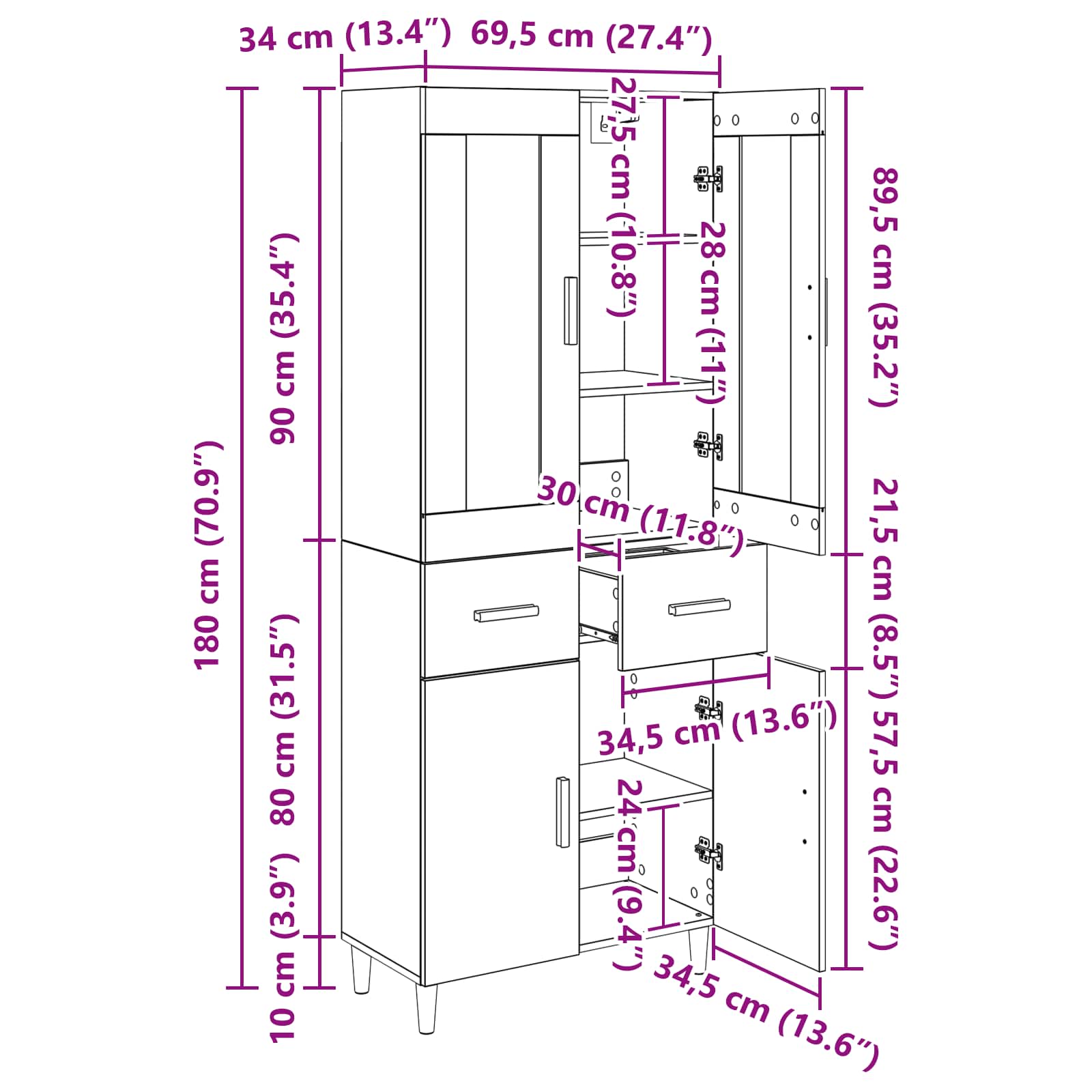 Highboard Artisan-Eiche 69,5 x 34 x 180 cm Holzwerkstoff