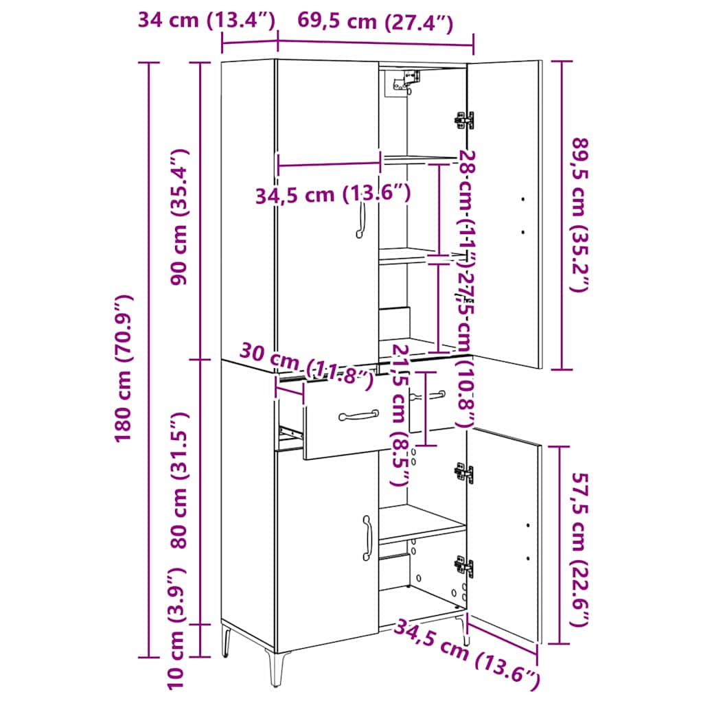 Highboard Artisan-Eiche 69,5 x 34 x 180 cm Holzwerkstoff