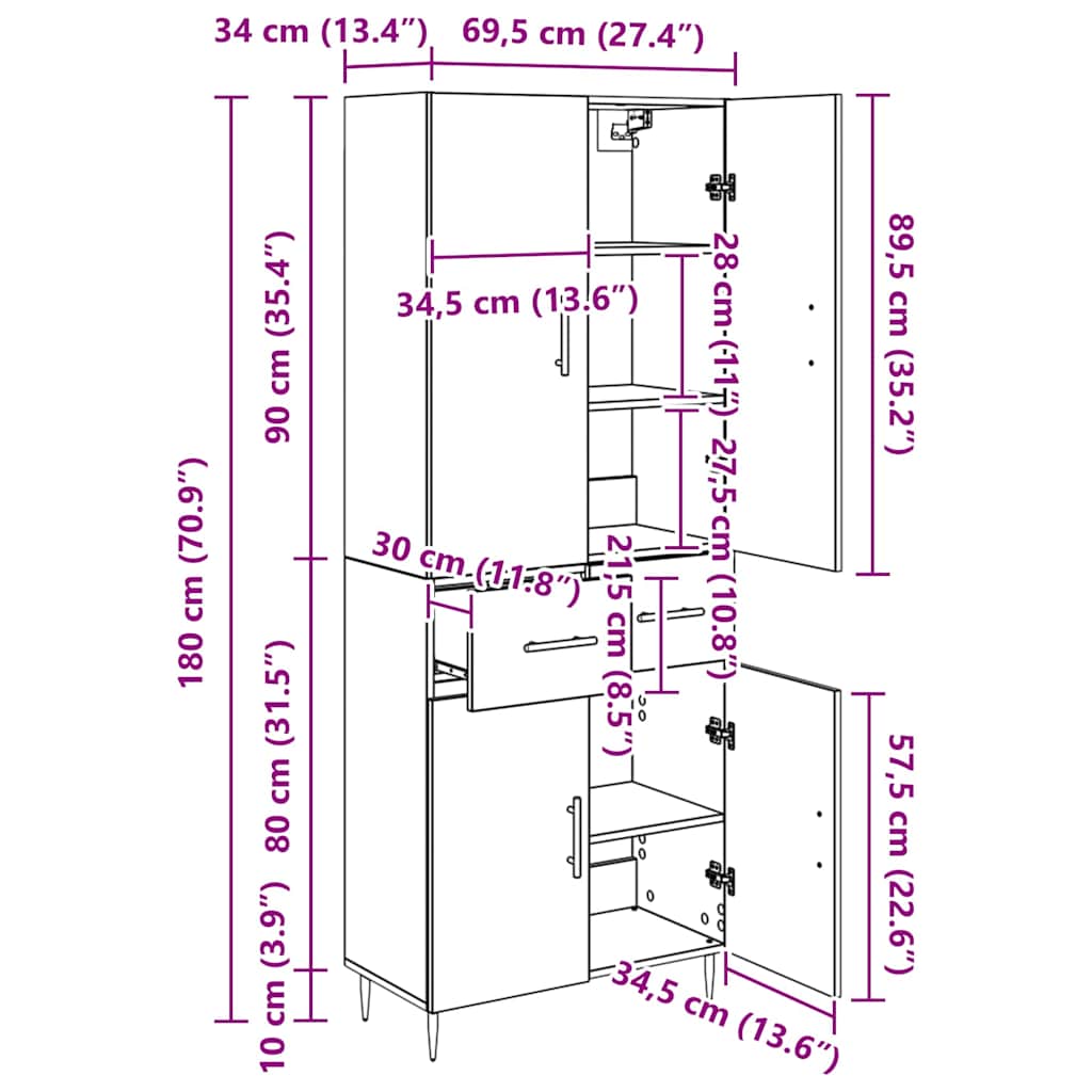 Highboard Artisan-Eiche 69,5 x 34 x 180 cm Holzwerkstoff