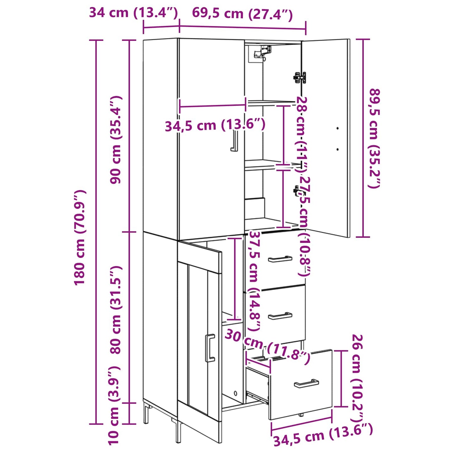 Highboard Artisan-Eiche 69,5 x 34 x 180 cm Holzwerkstoff