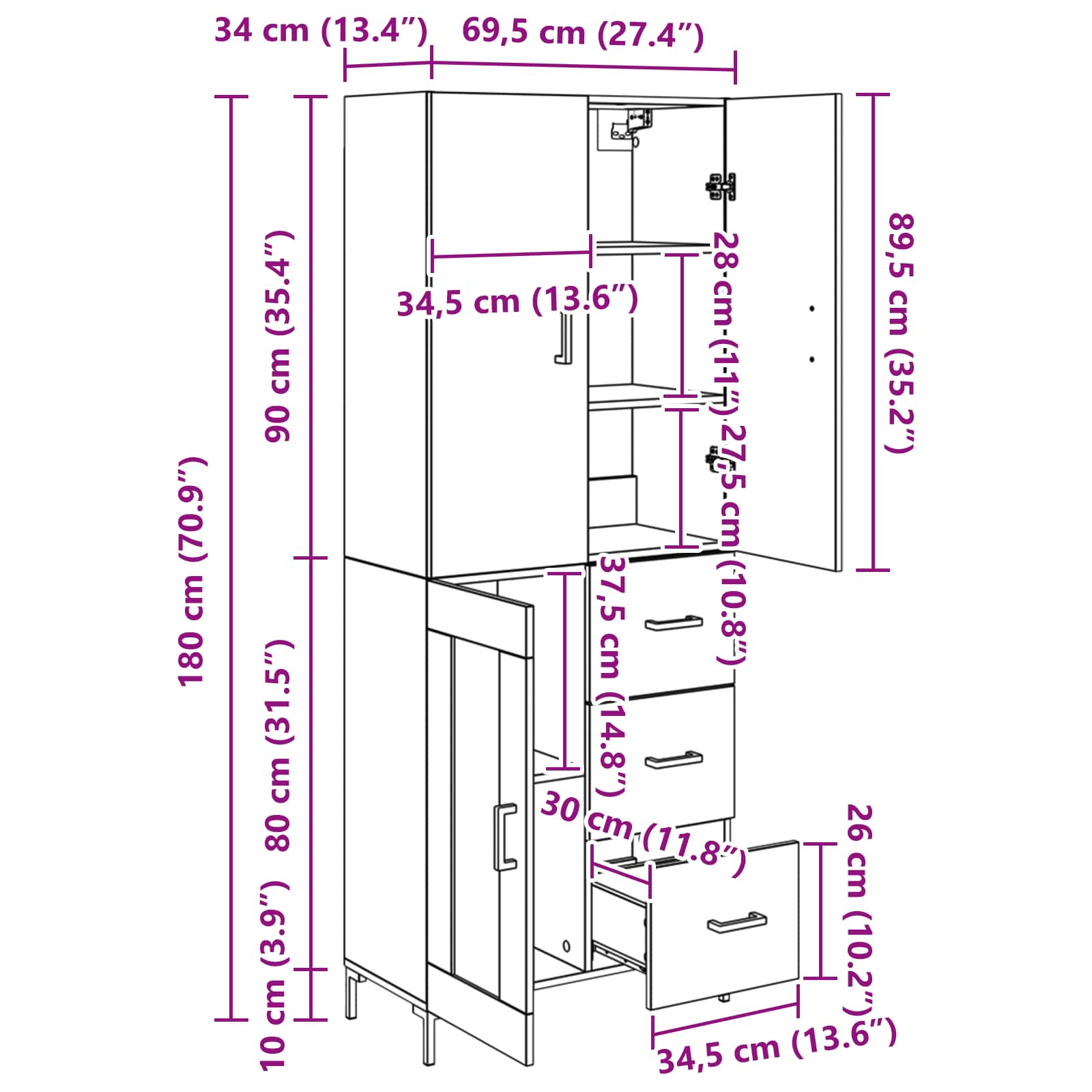 Highboard Artisan-Eiche 69,5 x 34 x 180 cm Holzwerkstoff