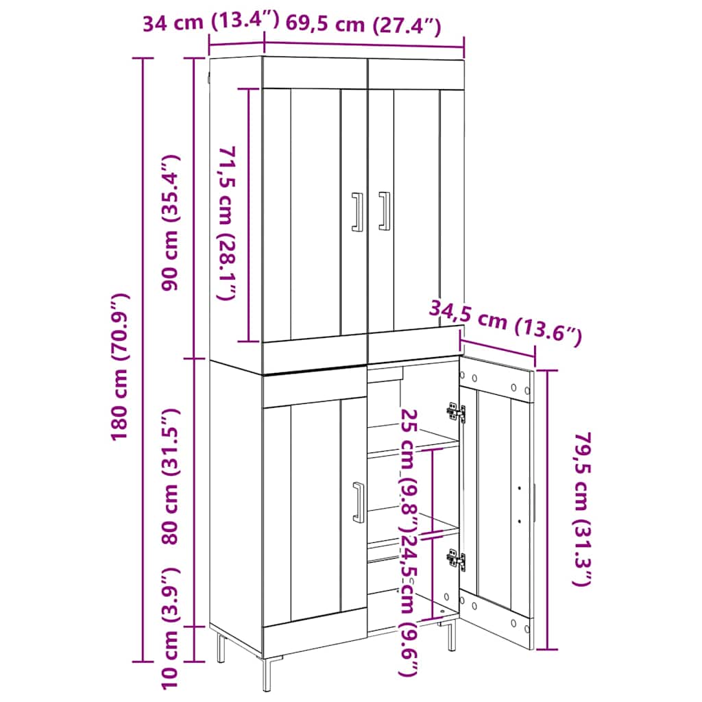 Highboard 2 stk. Artisan-Eiche 69,5 x 34 x 180 cm Holzwerkstoff