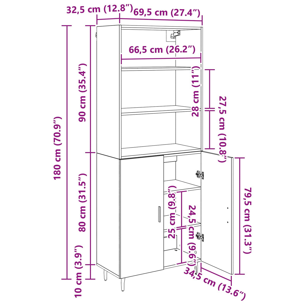 Highboard 2 stk. Artisan-Eiche 69,5 x 32,5 x 180 cm