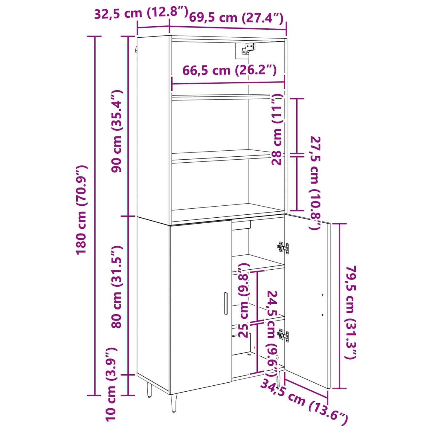 Highboard 2 stk. Artisan-Eiche 69,5 x 32,5 x 180 cm
