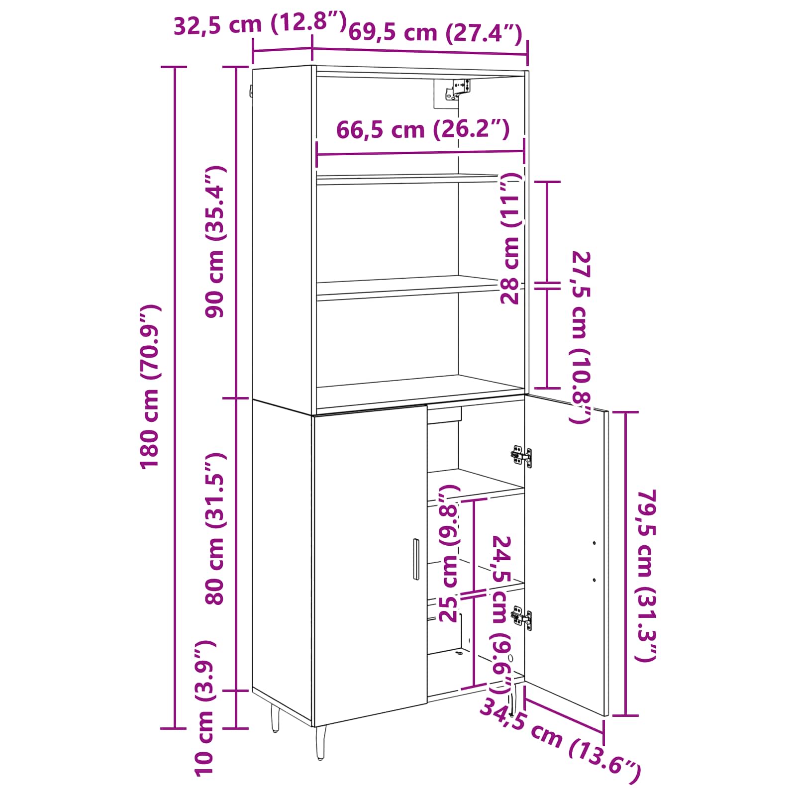 Highboard 2 stk. Artisan-Eiche 69,5 x 32,5 x 180 cm