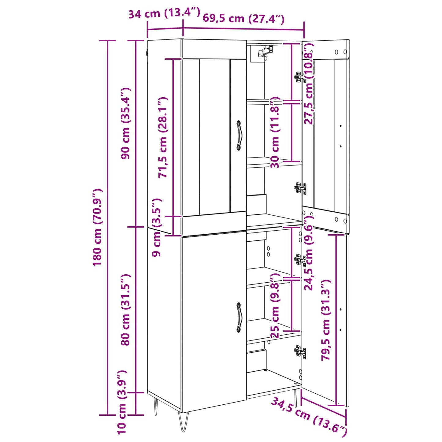 Highboard Artisan-Eiche 69,5 x 34 x 180 cm Holzwerkstoff