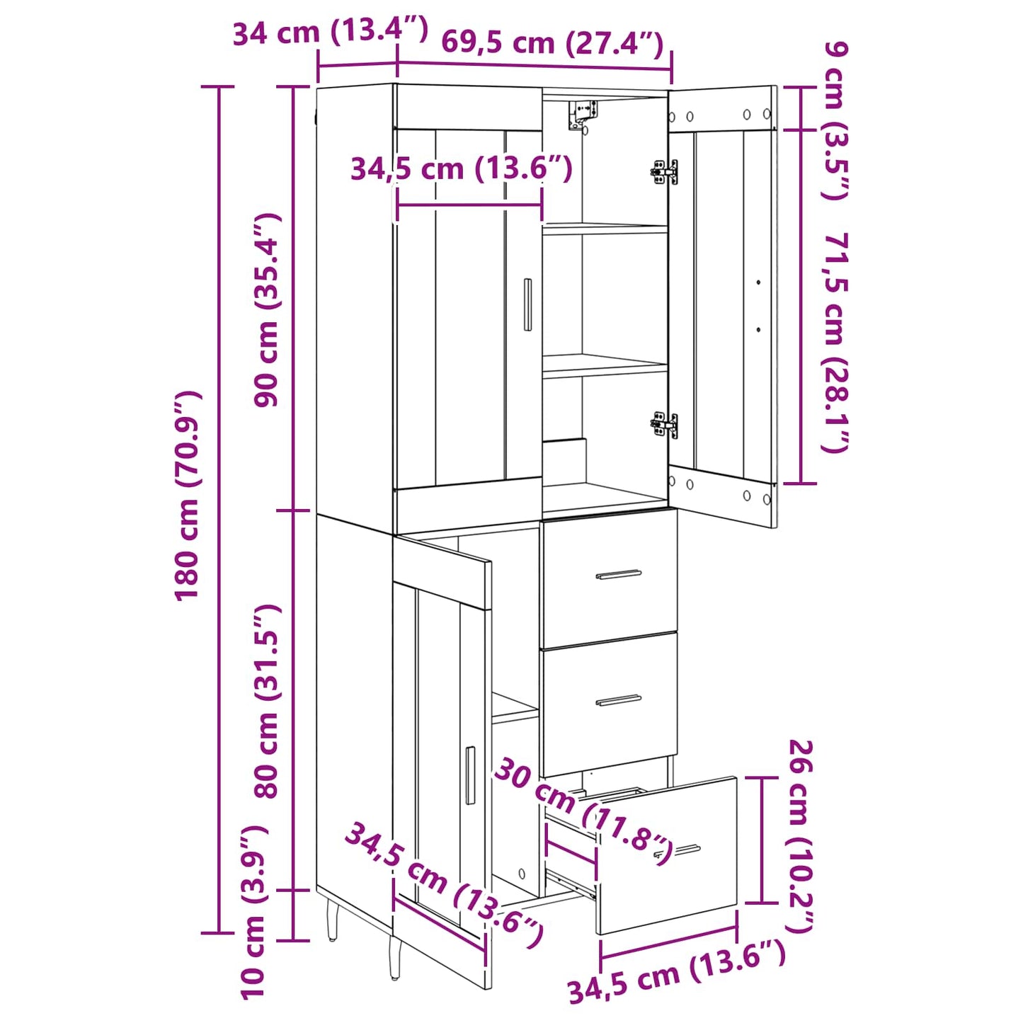 Highboard 2 stk. Artisan-Eiche 69,5 x 34 x 180 cm Holzwerkstoff