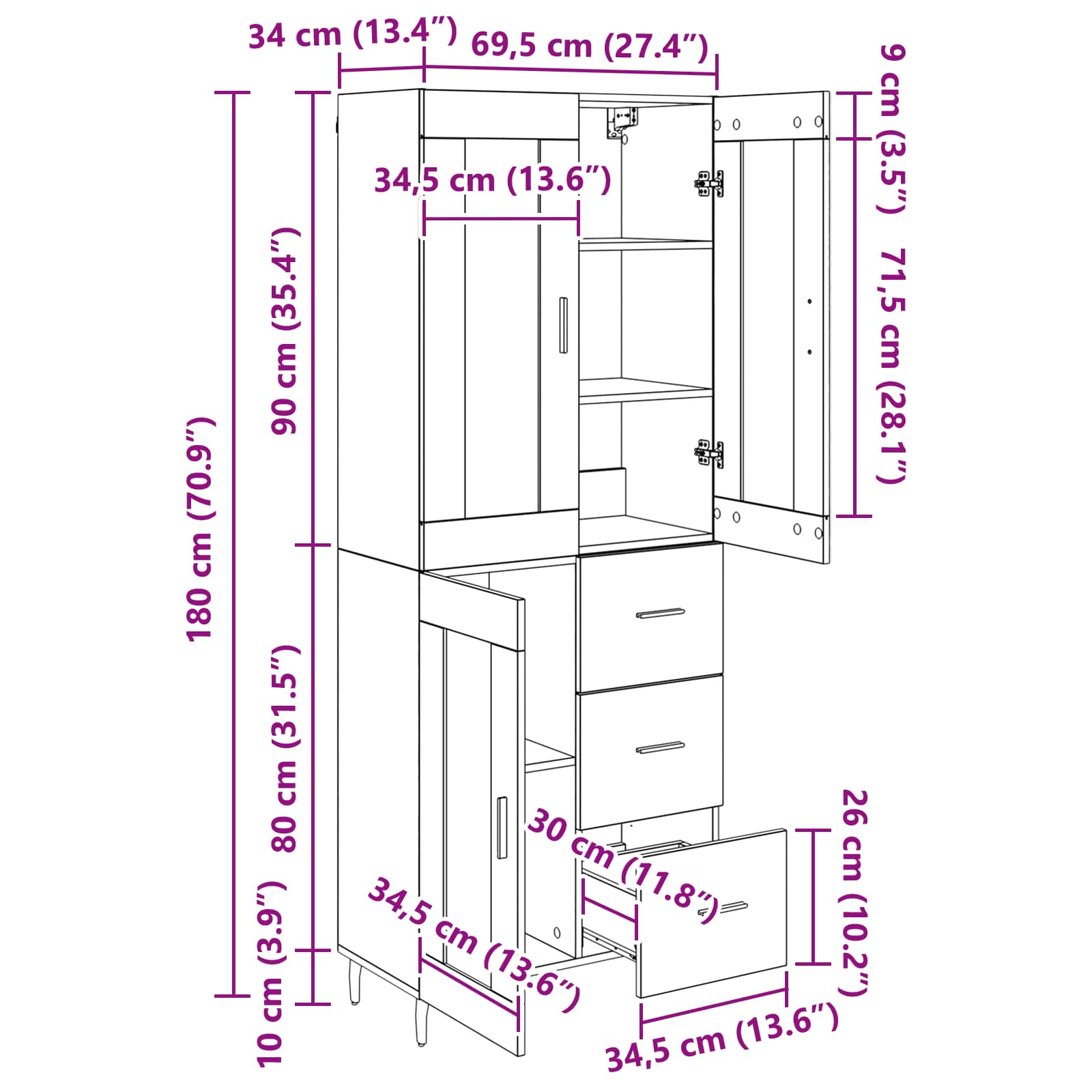Highboard 2 stk. Artisan-Eiche 69,5 x 34 x 180 cm Holzwerkstoff