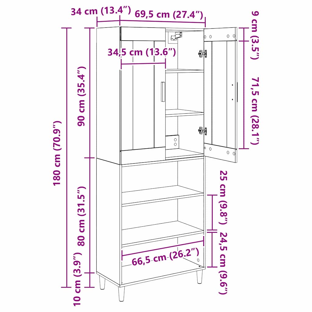 Highboard Artisan-Eiche 69,5 x 34 x 180 cm