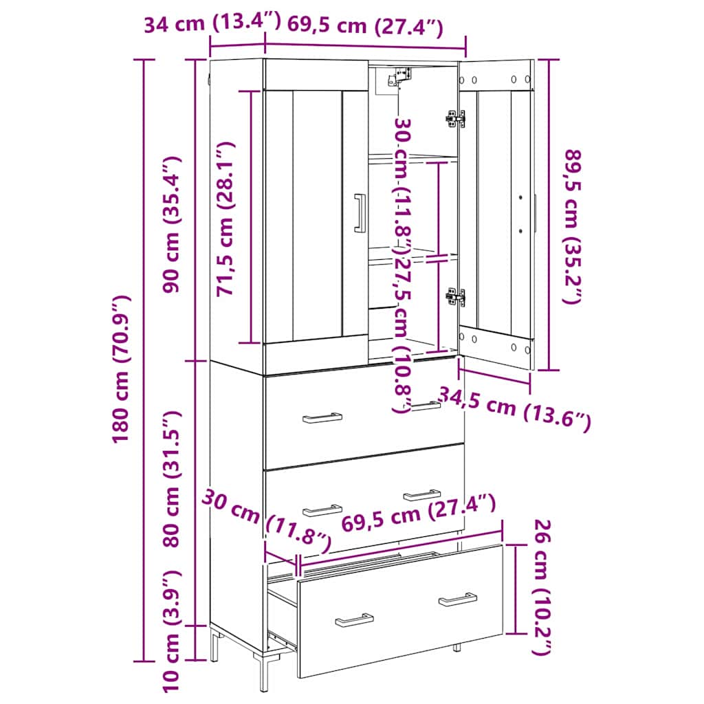 Highboard 2 stk. Artisan-Eiche 69,5 x 34 x 180 cm Holzwerkstoff