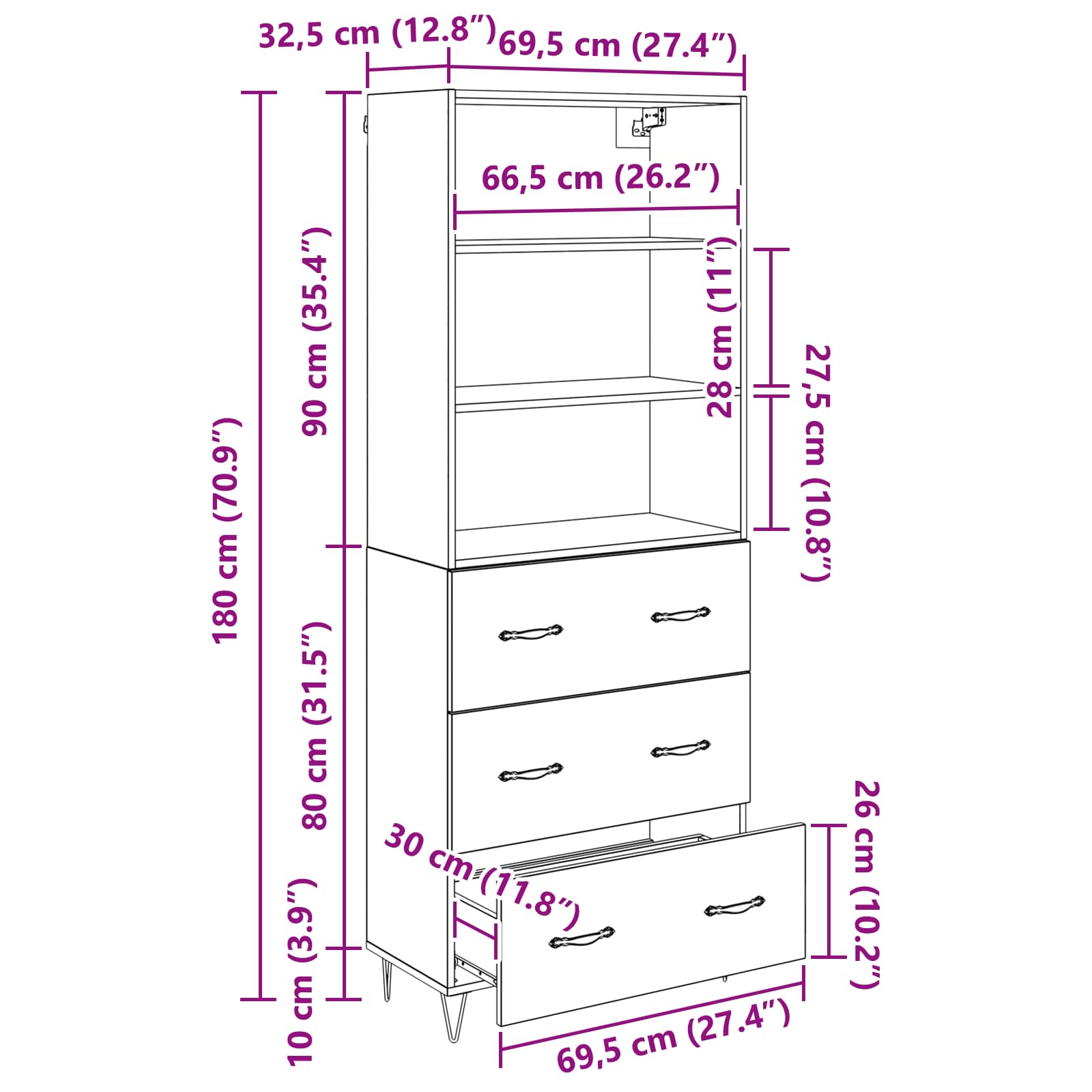Highboard 2 stk. Artisan-Eiche 69,5 x 34 x 180 cm