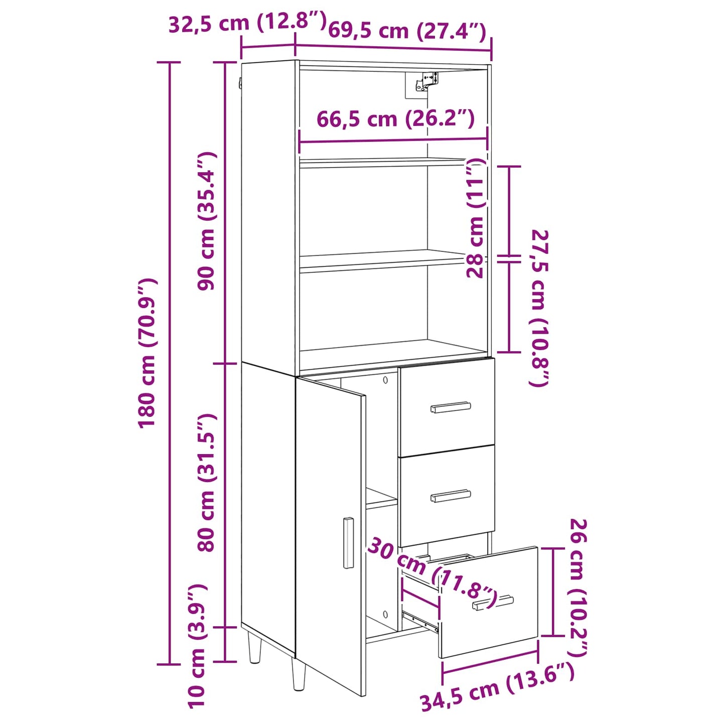 Highboard Artisan-Eiche 69,5 x 32,5 x 180 cm Holzwerkstoff