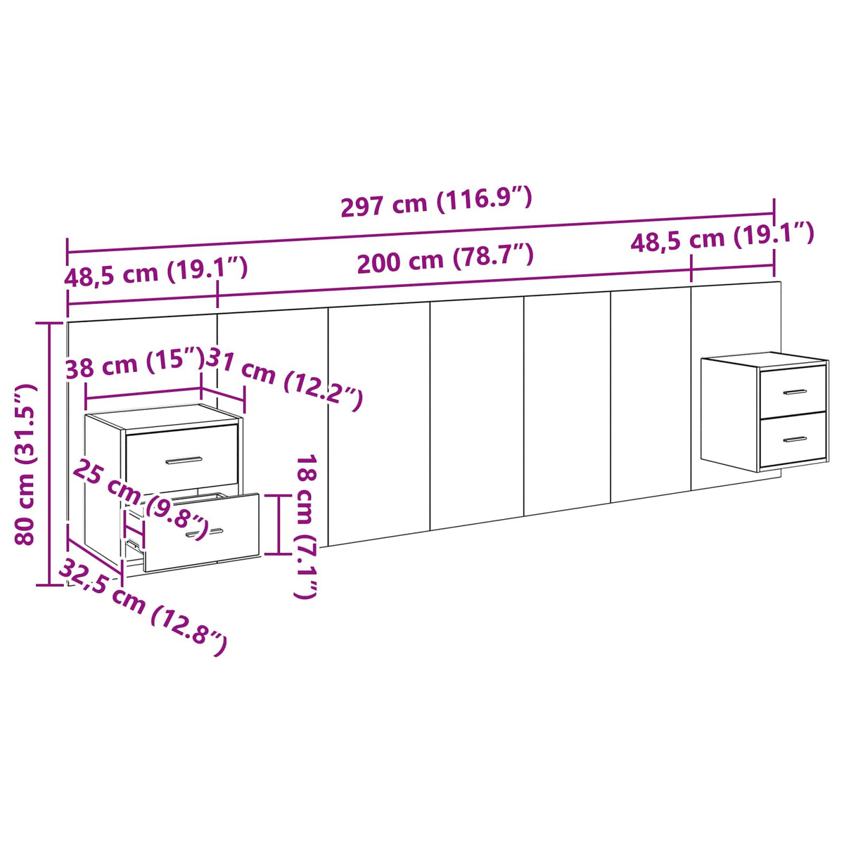 Kopfteil mit Schrank 3 stk. Artisan-Eiche Holzwerkstoff