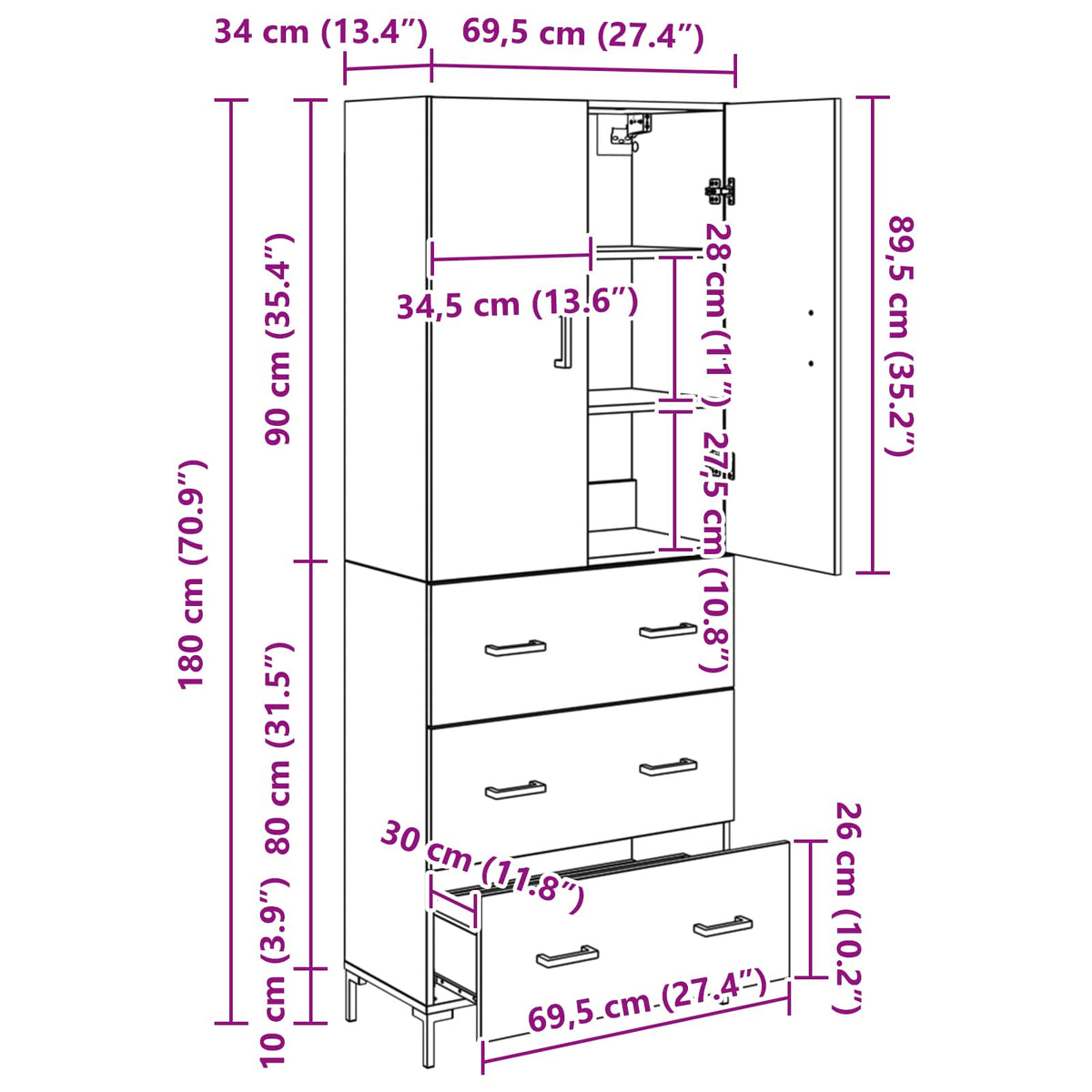 Highboard Artisan-Eiche 69,5 x 34 x 180 cm Holzwerkstoff