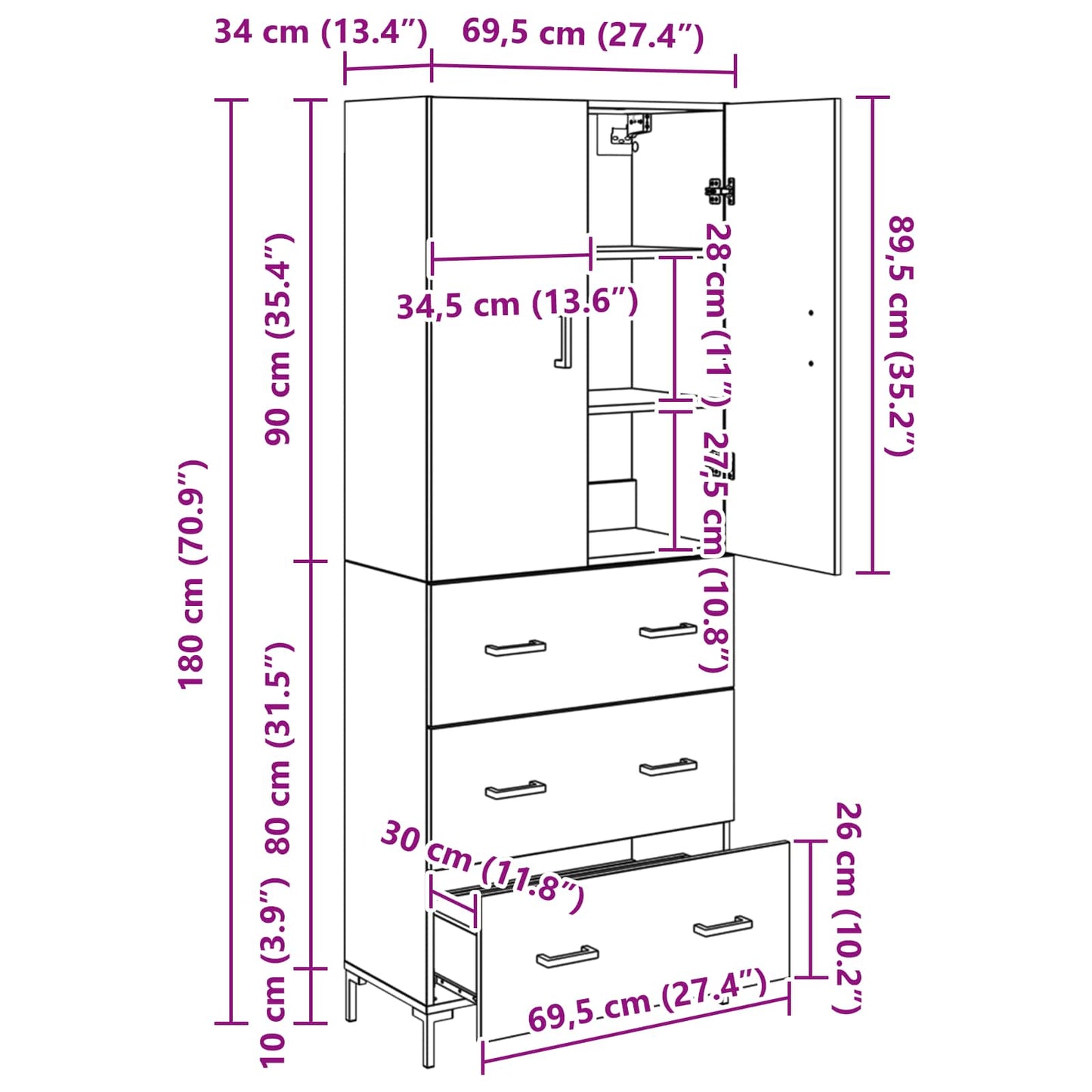Highboard Artisan-Eiche 69,5 x 34 x 180 cm Holzwerkstoff
