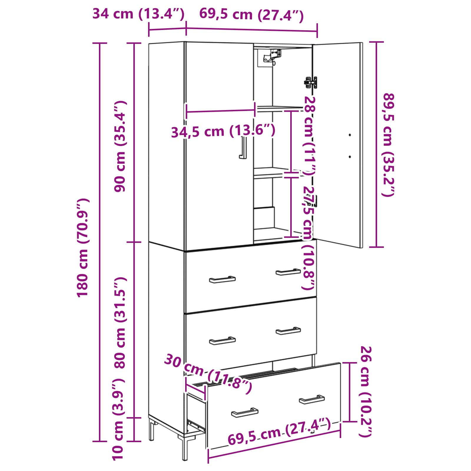 Highboard Artisan-Eiche 69,5 x 34 x 180 cm Holzwerkstoff