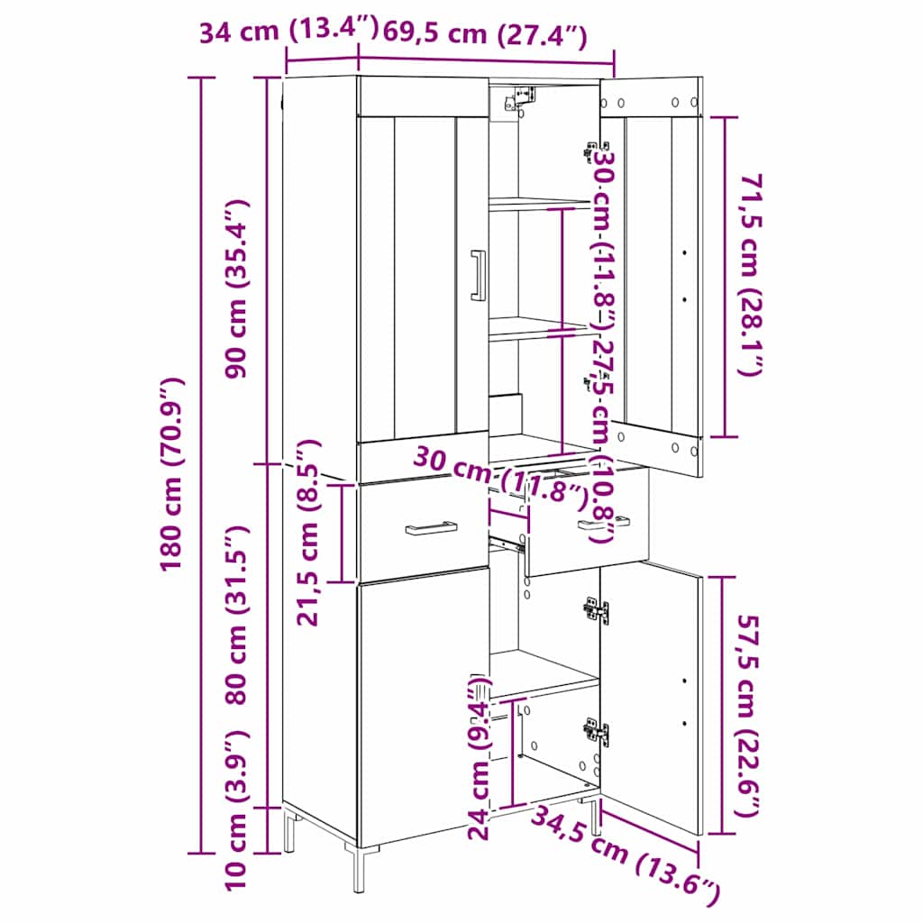 Highboard 2 stk. Artisan-Eiche 69,5 x 34 x 180 cm Holzwerkstoff