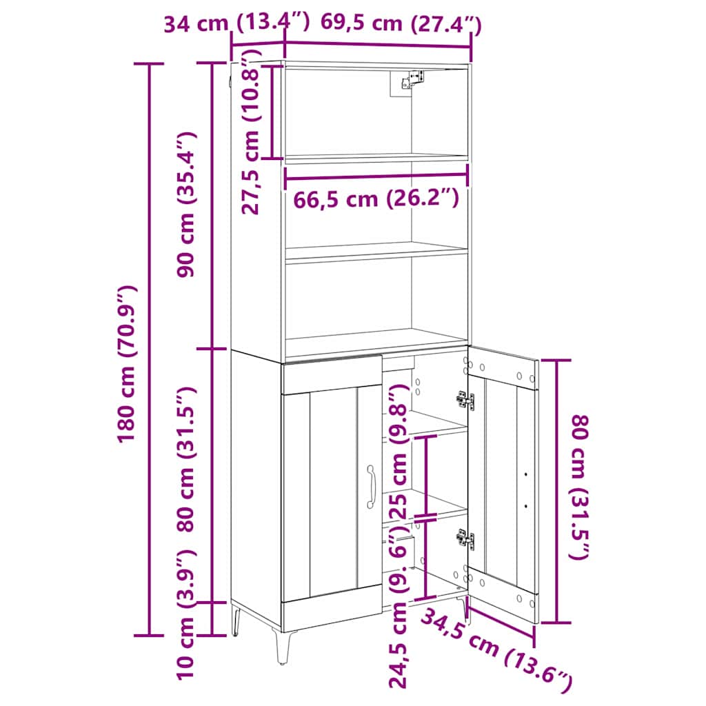 Highboard Artisan-Eiche 69,5 x 34 x 180 cm Holzwerkstoff